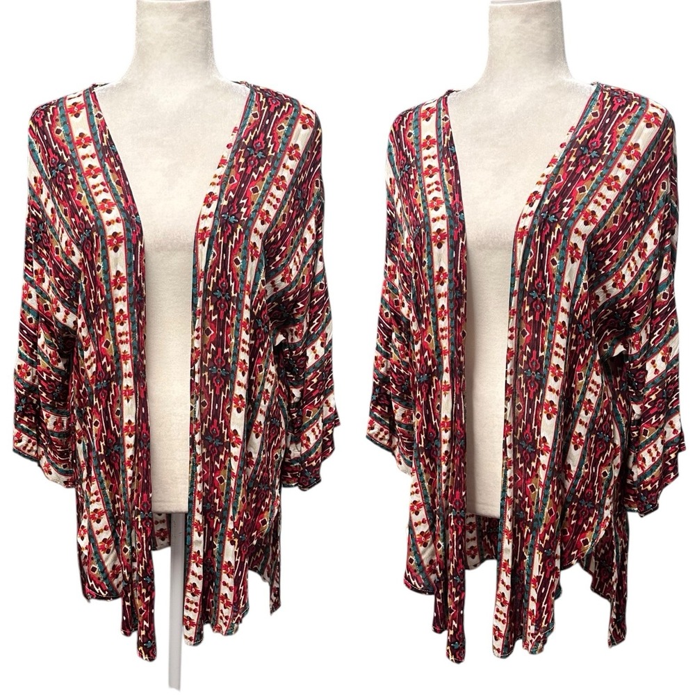 Vtg Womens Kimono Cardigan Kaftan Aztec Multicolor Boho Size M Open Front Wester